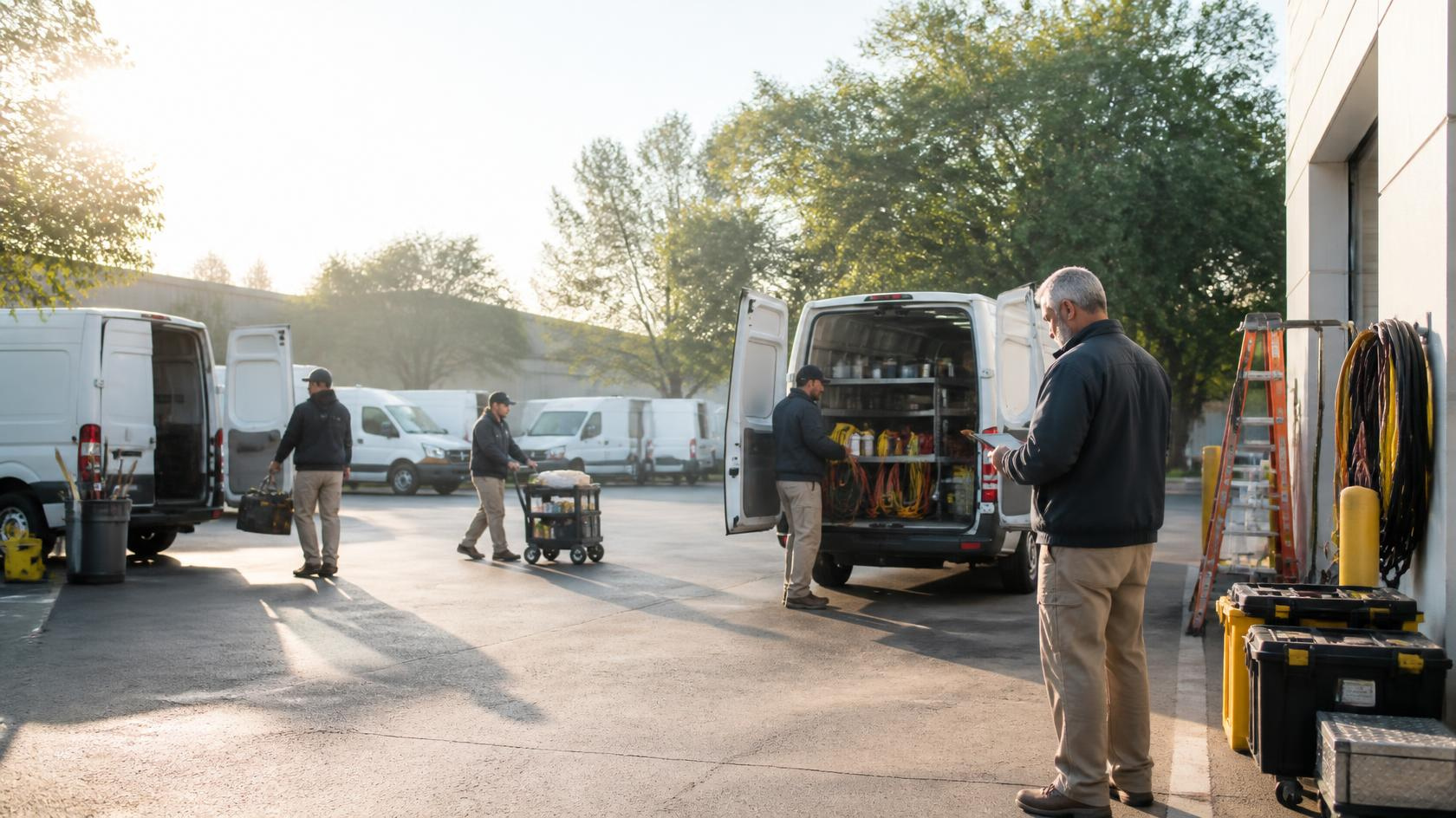 Field service crews preparing vehicles and equipment at a service yard.